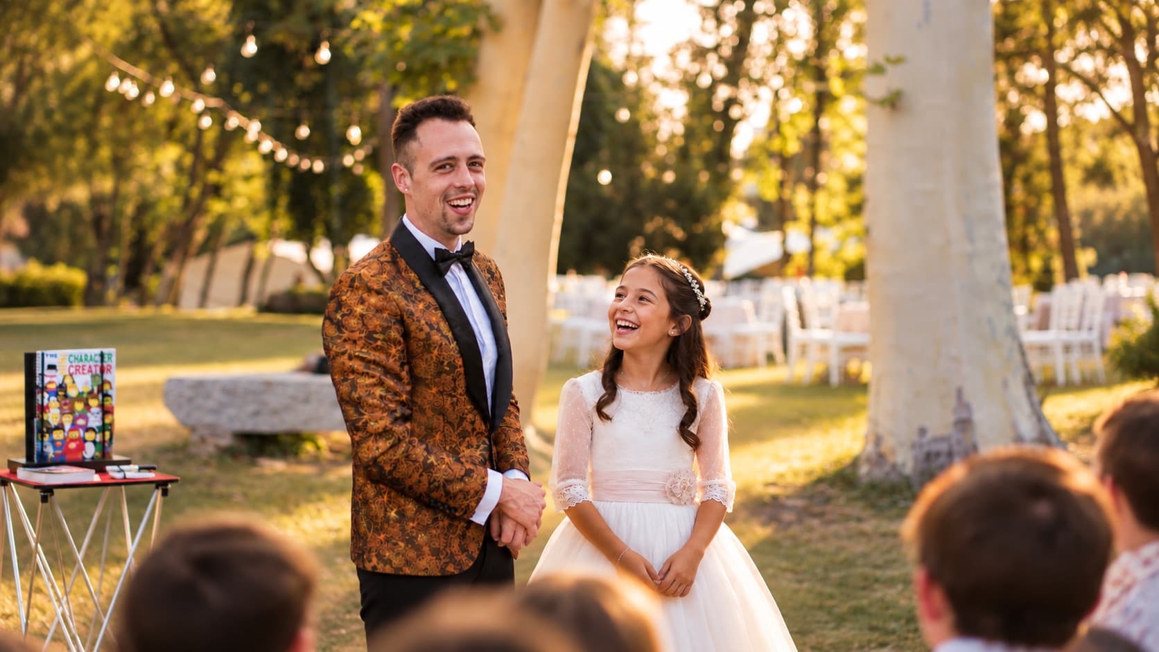 Alexander Main riendo junto a la niña de la comunión ante los invitados en un jardín