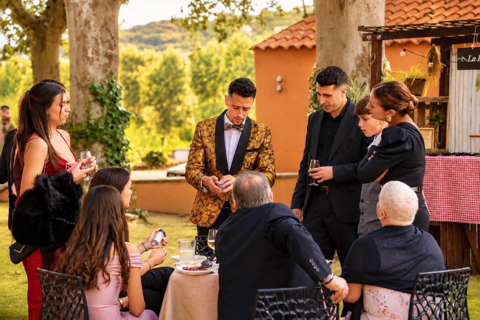 Alexander Main haciendo magia de cerca con cartas para un grupo de invitados en un jardín